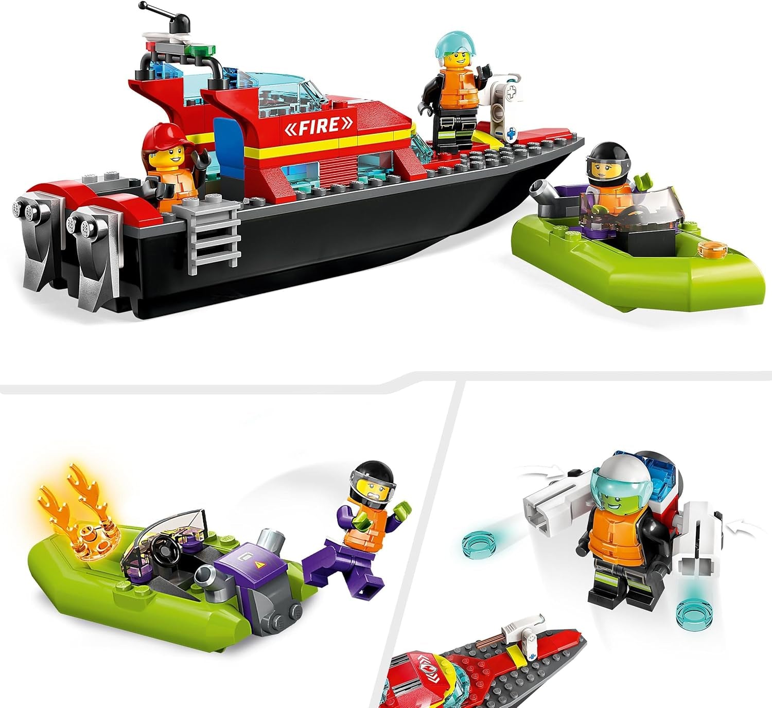 LEGO 60373 City Feuerwehrboot, Spielzeug, das im Wasser wimmt, s Rennboot, 3 minifigurky a Jetpack, Feuerwehr-Boot-Spielzeug Geschenkide für Jungen und Mädchen ab 5 Jahren