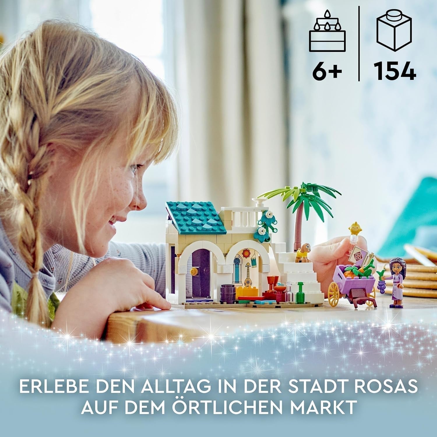 LEGO 43223 Disney Wish Asha v Rosas City, Filmová sada přání s trhem, Minipanenka Asha, Valentino jako kozička a figurky hvězd, Dárek pro děti od 6 let, Stavebnice pro dívky a chlapce Besuche den LEGO-Store