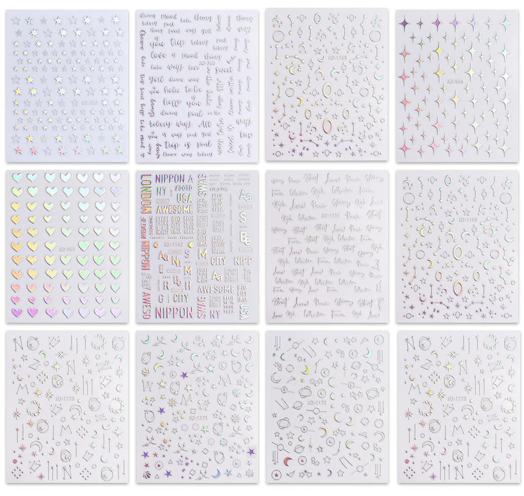 JMEOWIO Nagelsticker Aurora 12 Blatt Nail Art Sticker Selbstklebend Nagelaufkleber Holografisches Stern Herz Dekoration Nageldesign Zubehör