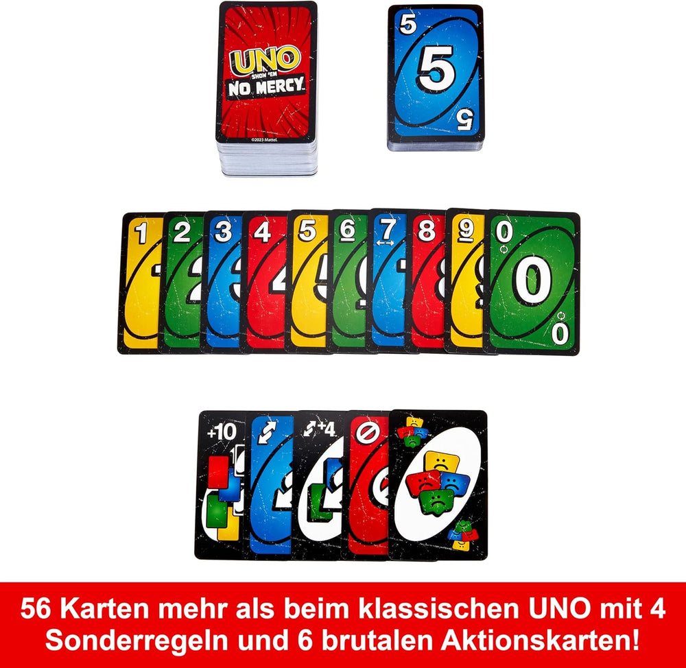 Mattel UNO Show 'em No Mercy – 56 extra karet, náročné akční karty a brutální pravidla hry pro nejnemilosrdnější verzi, pravidlo skládání a výměna rukou, věk 7+, HWV18