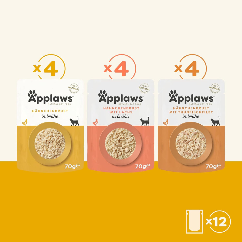 Applaws Hrană umedă naturală pentru pisici, pliculețe, pachet multiplu, selecție de pui în bulion - 12 pliculețe x 70g