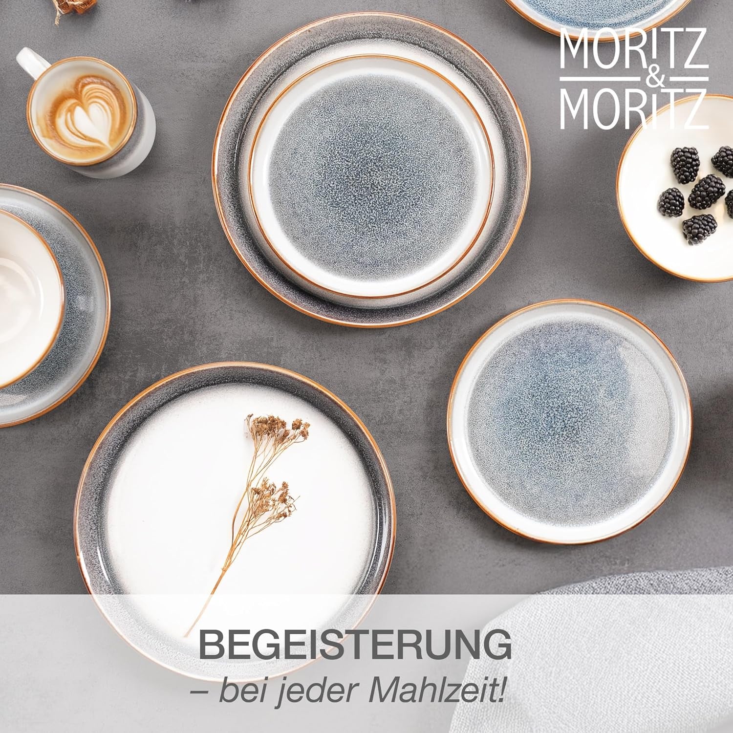 Set de veselă Moritz & Moritz TARENTO, 24 de piese, pentru 6 persoane, gri - Set elegant de farfurii din gresie de înaltă calitate - Setul de veselă include 6 farfurii de cină, 6 farfurii de desert, 6 farfurii de sumă și 6 cești