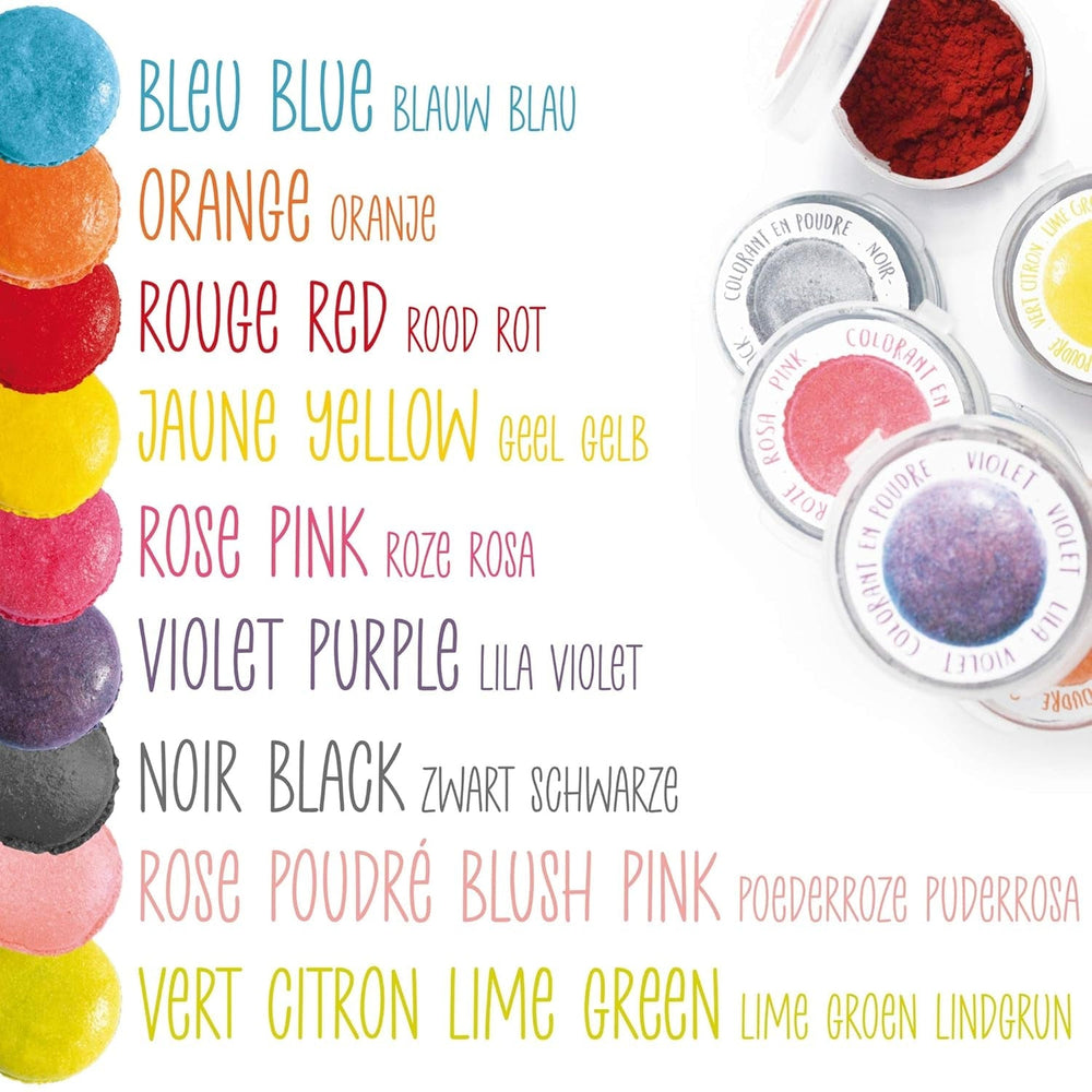 Scrapcooking - Set 9 coloranți alimentari pudră - Albastru, Galben, Roz, Violet, Portocaliu, Verde lămâie, Roșu, Roz pudră, Negru - Pudră colorantă comestibilă pentru prăjituri, brioșe, macarons - 4270