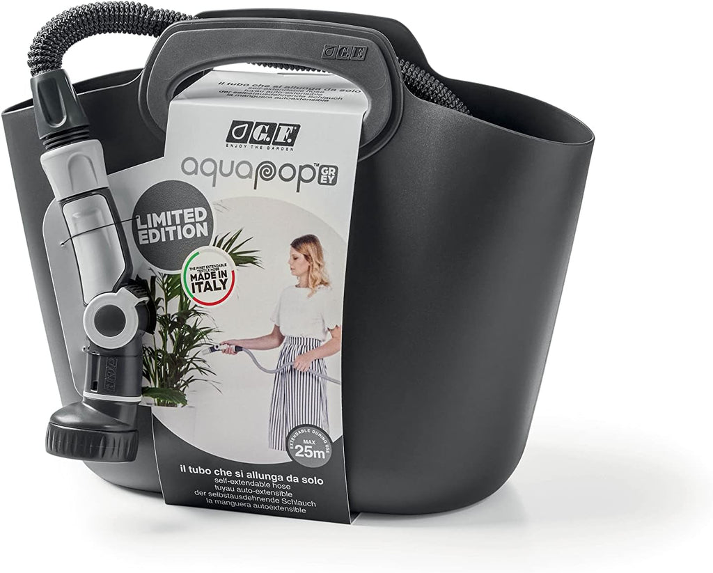 GF SRL, Aquapop Gri Ediție Limitată cu furtun textil autoextensibil de 25 m Fabricat în Italia, pungă de plastic moale, duze și fitinguri Lancia 8 pentru irigarea grădinii, gri închis