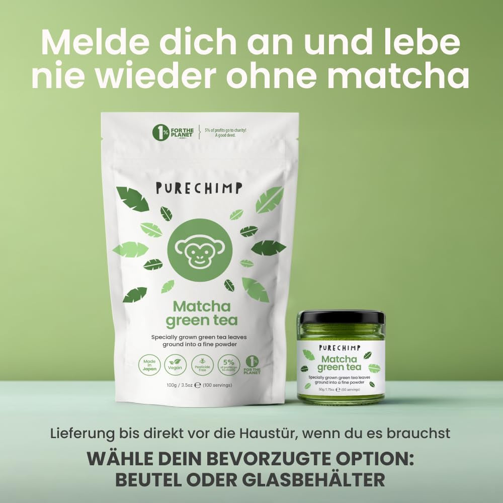 Pudră de matcha Purechimp de calitate ceremonială 50 g. Pudră de ceai 100% pură din culturi umbrite pentru latte, infuzii și rețete. Borcan reciclabil. Bogat în antioxidanți.