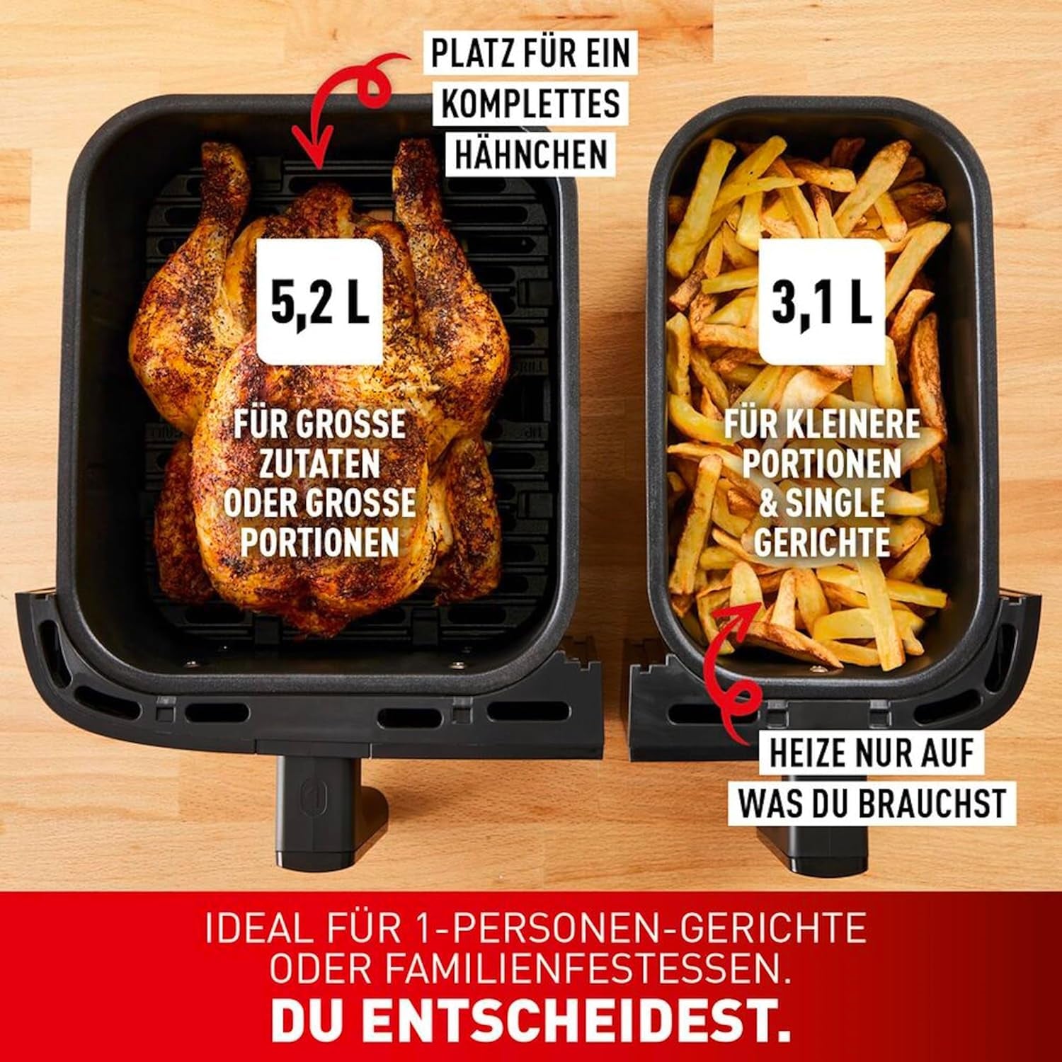 Horkovzdušná fritéza Tefal Dual Easy Fry se dvěma komorami, objem 5,2/3,1 litru, dvě nezávislé zásuvky, 7 programů Domácí spotřebiče Naty Shop