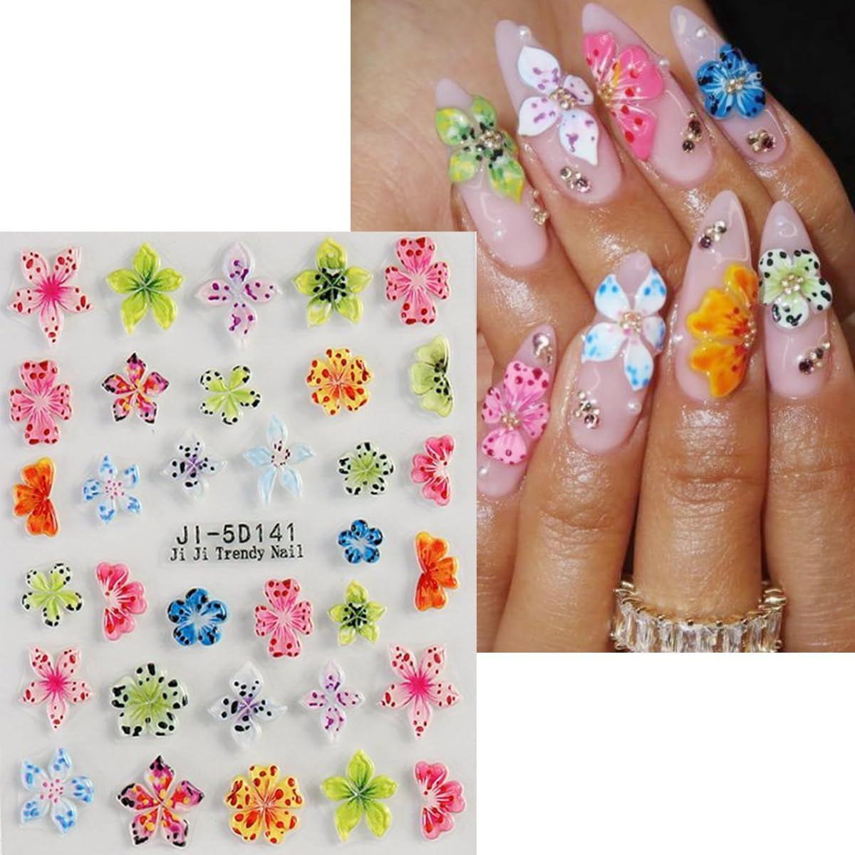 JMEOWIO 3D Nagelsticker Colorful Flower Nail Art Sticker Selbstklebend Nagelaufkleber 5D Stereoskopisch Spring Summer Floral Dekoration Nageldesign Zubehör 4 Blatt
