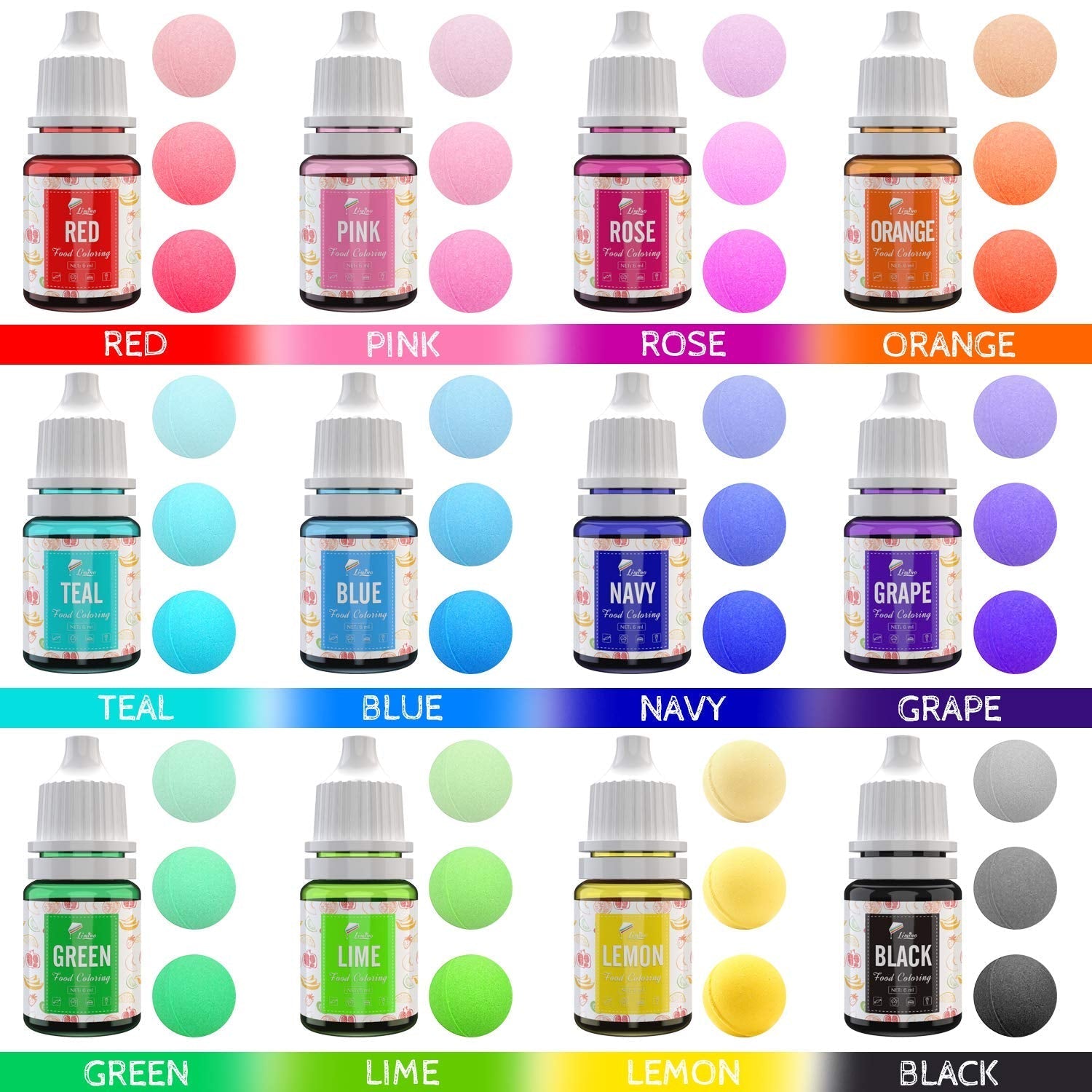 Colorant alimentar 12 culori - Coloranți alimentari lichizi pentru copt torturi, fursecuri, macaroane, fondant - Colorant alimentar vibrant pentru decorare și gătit, aerografare, săpunuri DIY - 6 ml fiecare