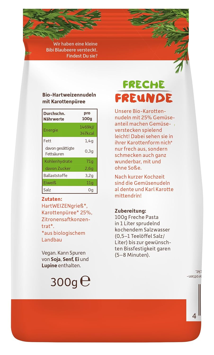 Tăiței vegetali organici Freche Freunde „Morcov”, cu 25% conținut de legume, vegani, pachet de 6 (6 x 300 g)