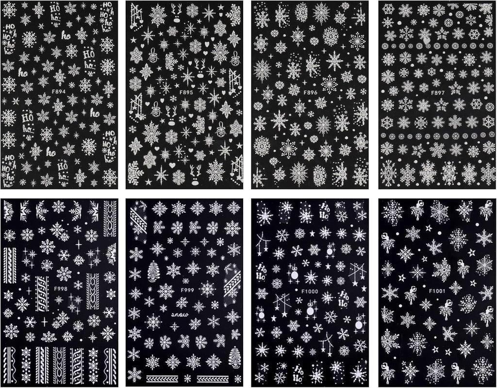 JMEOWIO Nagelsticker Weihnachten Weiß Glitter 8 Blatt Nail Art Sticker Selbstklebend Nagelaufkleber Schneeflocke Winter Holiday Dekoration Nageldesign Zubehör