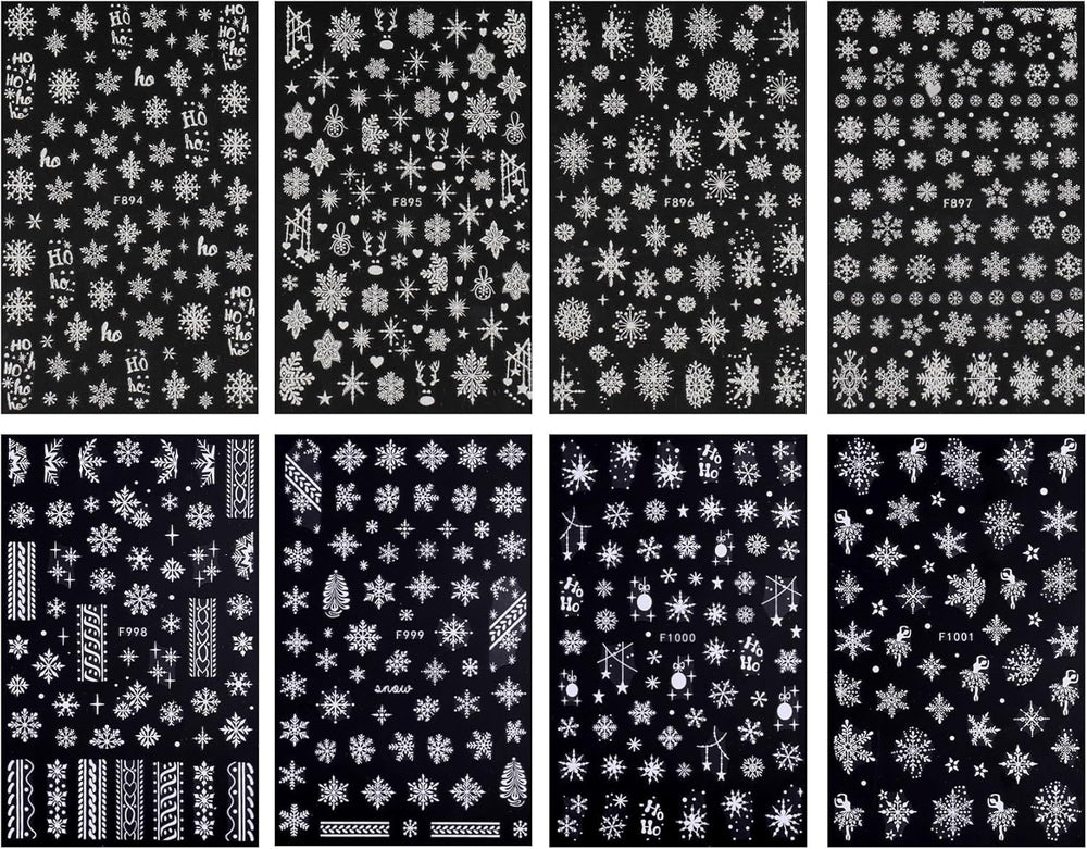 JMEOWIO Nagelsticker Weihnachten Weiß Glitter 8 Blatt Nail Art Sticker Selbstklebend Nagelaufkleber Schneeflocke Winter Holiday Dekoration Nageldesign Zubehör