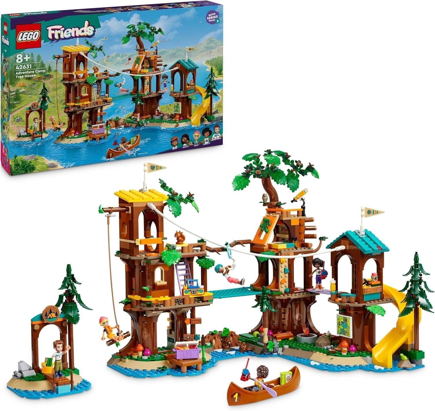 LEGO Friends Tree House v dobrodružném táboře, herní sada pro dívky a chlapce od 8 let s 5 figurkami a 5 zvířátky, nápad na dárek pro kreativní hry, sportovní hračky, domeček pro panenky 42631 Stavebnice Besuche den LEGO-Store Výchozí název