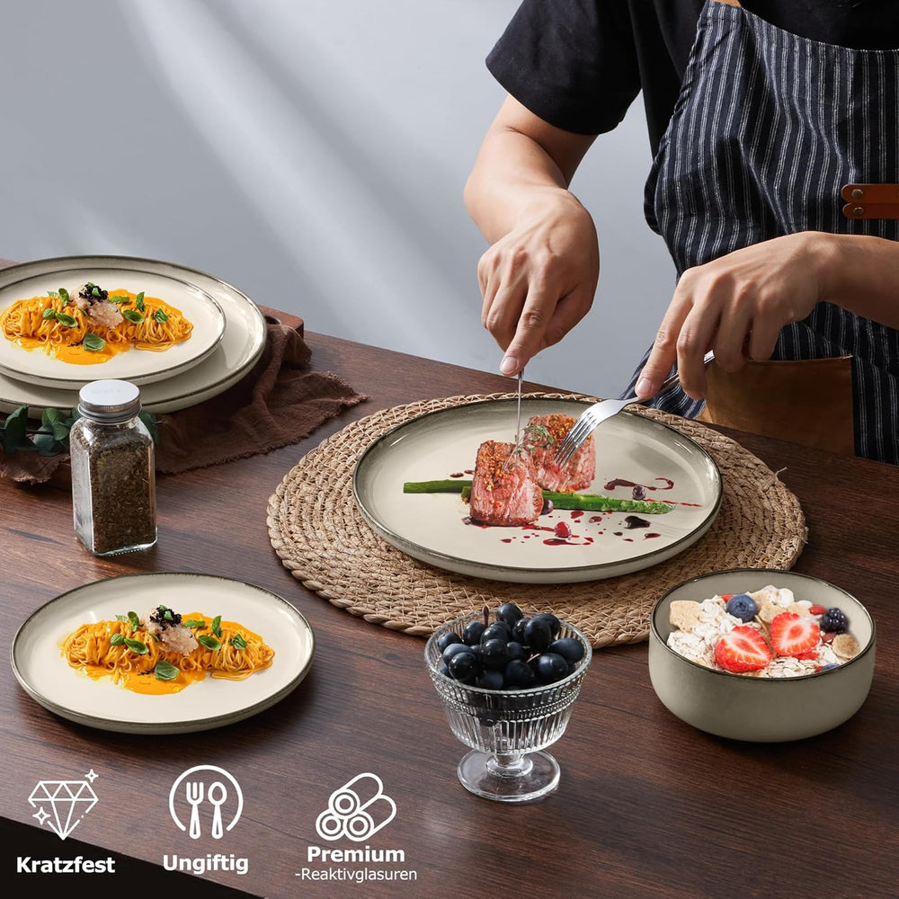 Set de veselă pentru 6 persoane, serviciu de cină din gresie cu 18 piese, set combinat, 6 farfurii de cină, 6 farfurii de desert, 6 boluri pentru cereale, antizgârieturi și potrivit pentru cuptorul cu microunde - Karst Khaki