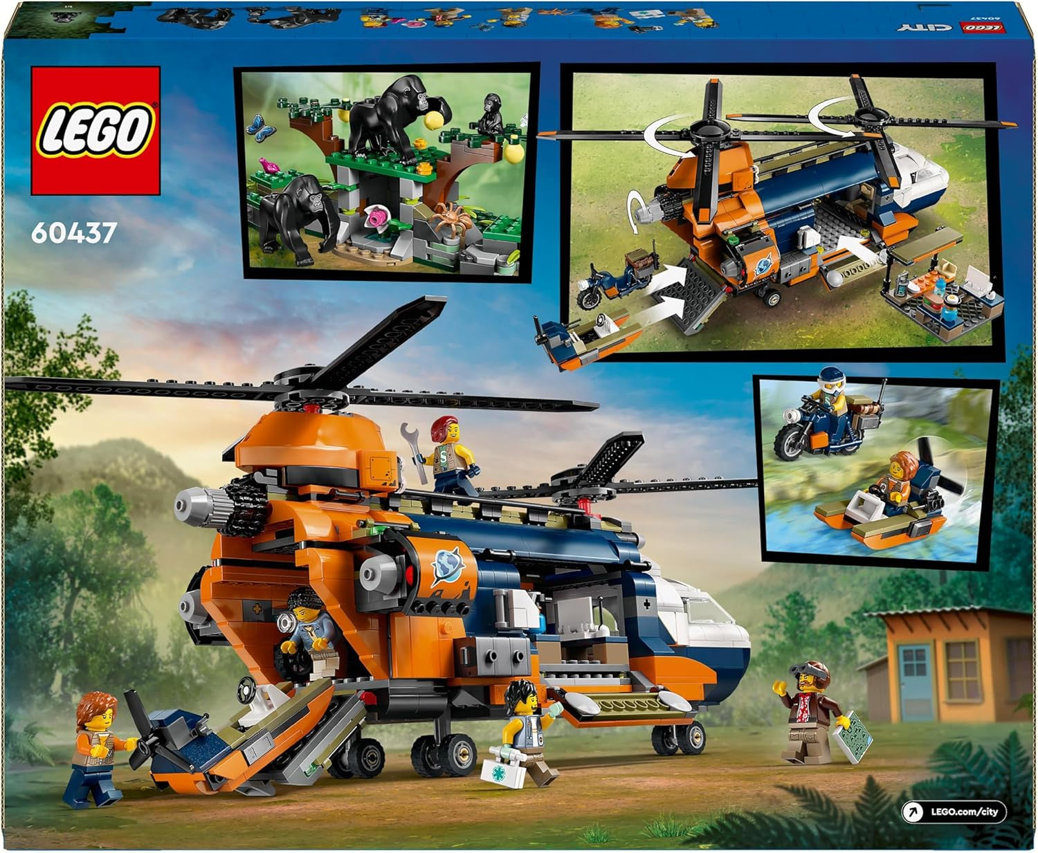 LEGO City Helikoptéra Jungle Explorer, dobrodružná hrací sada pro děti 8+, vánoční nebo narozeninový dárek pro děti, 5 minifigurek a 3 gorily 60437 Stavebnice Besuche den LEGO-Store