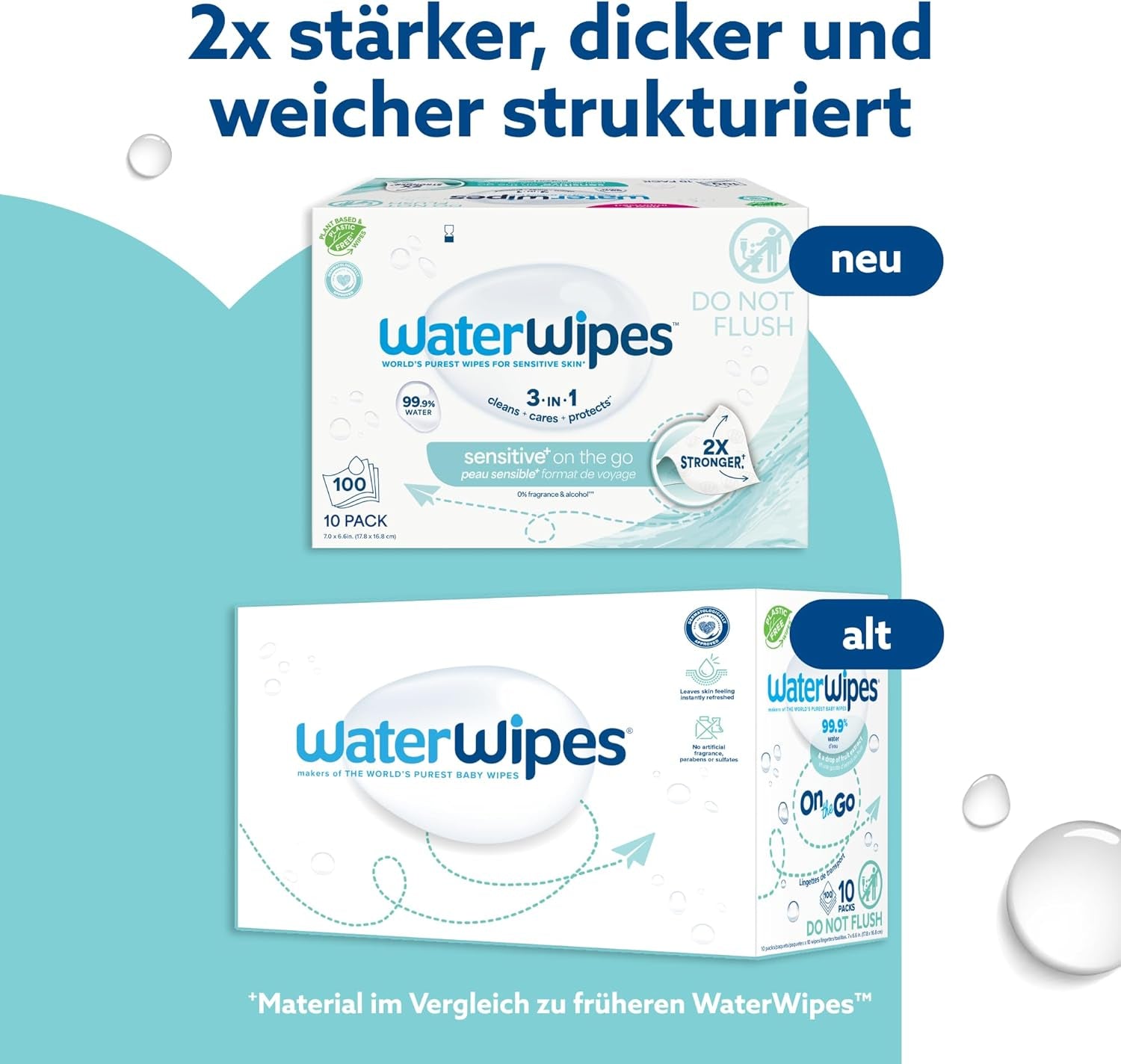 Vlhčené ubrousky WaterWipes Sensitive+ On The Go, 100 ubrousků (10 balení), 3 v 1 čistí, pečuje, chrání, 99,9 % vody, ubrousky bez parfemace