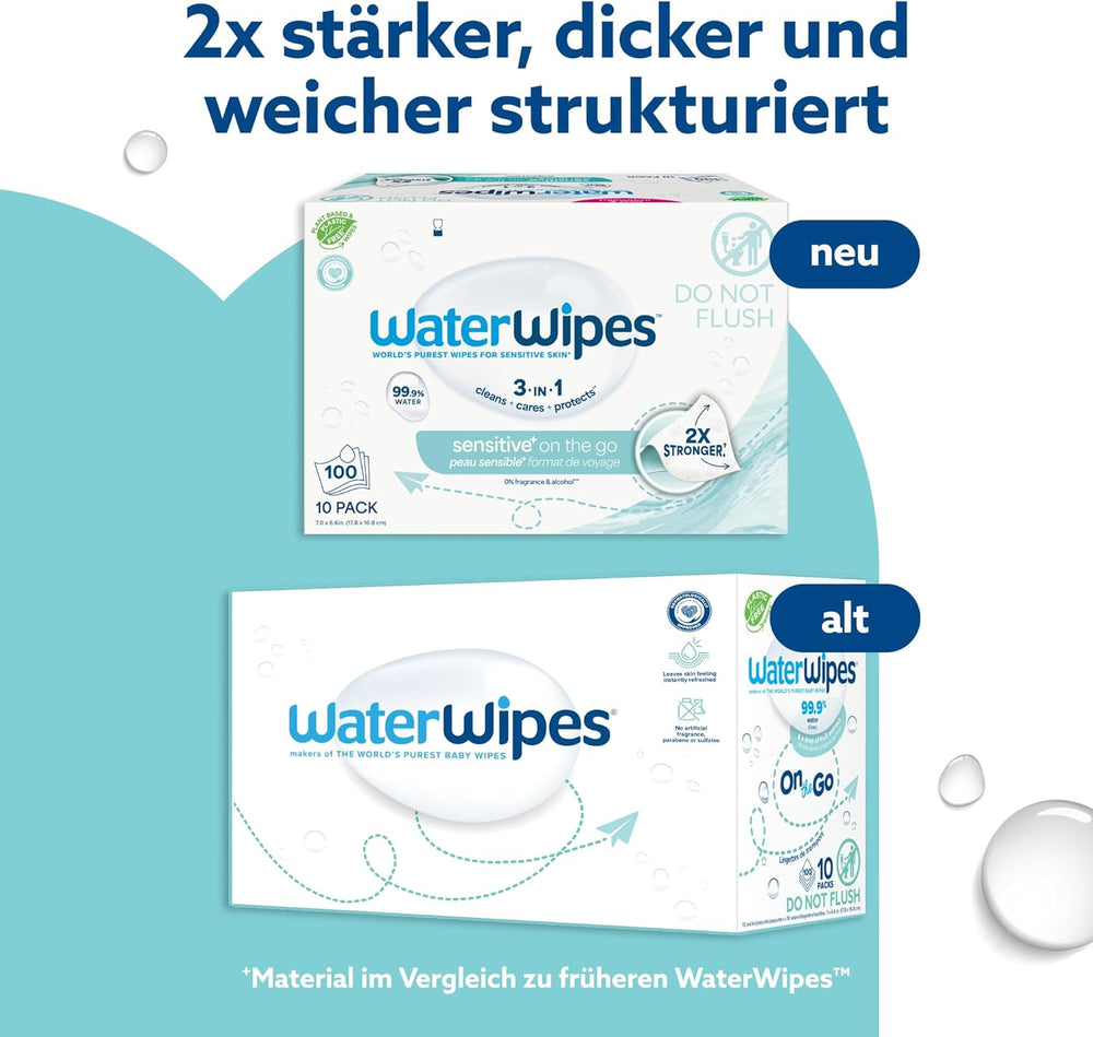 Vlhčené ubrousky WaterWipes Sensitive+ On The Go, 100 ubrousků (10 balení), 3 v 1 čistí, pečuje, chrání, 99,9 % vody, ubrousky bez parfemace
