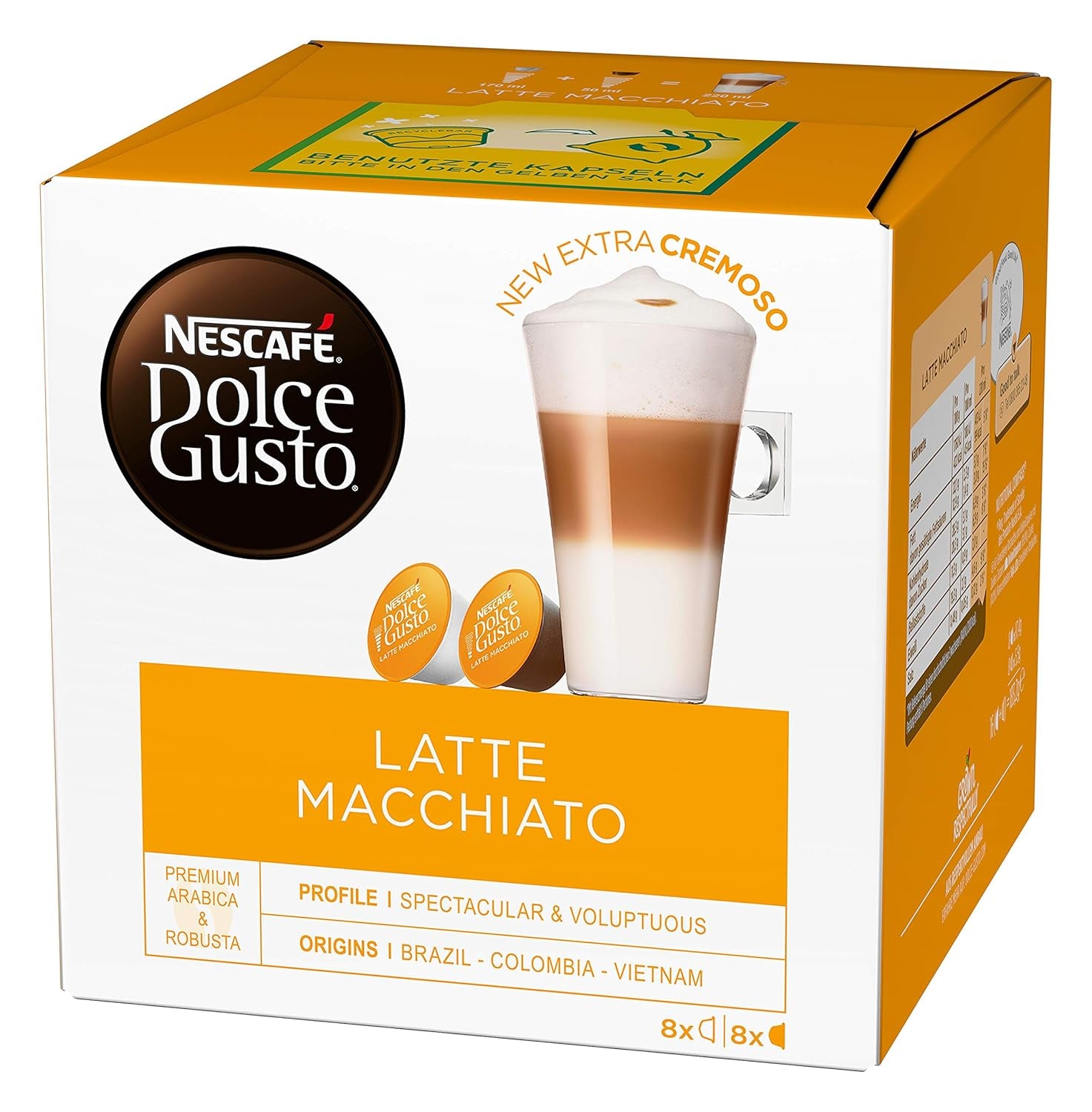 NESCAFÉ Dolce Gusto Latte Macchiato, 48 Kaffeekapseln, Aromatischer Espresso, 3-Schichten -Köstlichkeit aus feinem Milchschaum, Aromaversiegelte Kapseln, 9er Pack (3x16 Kapseln)