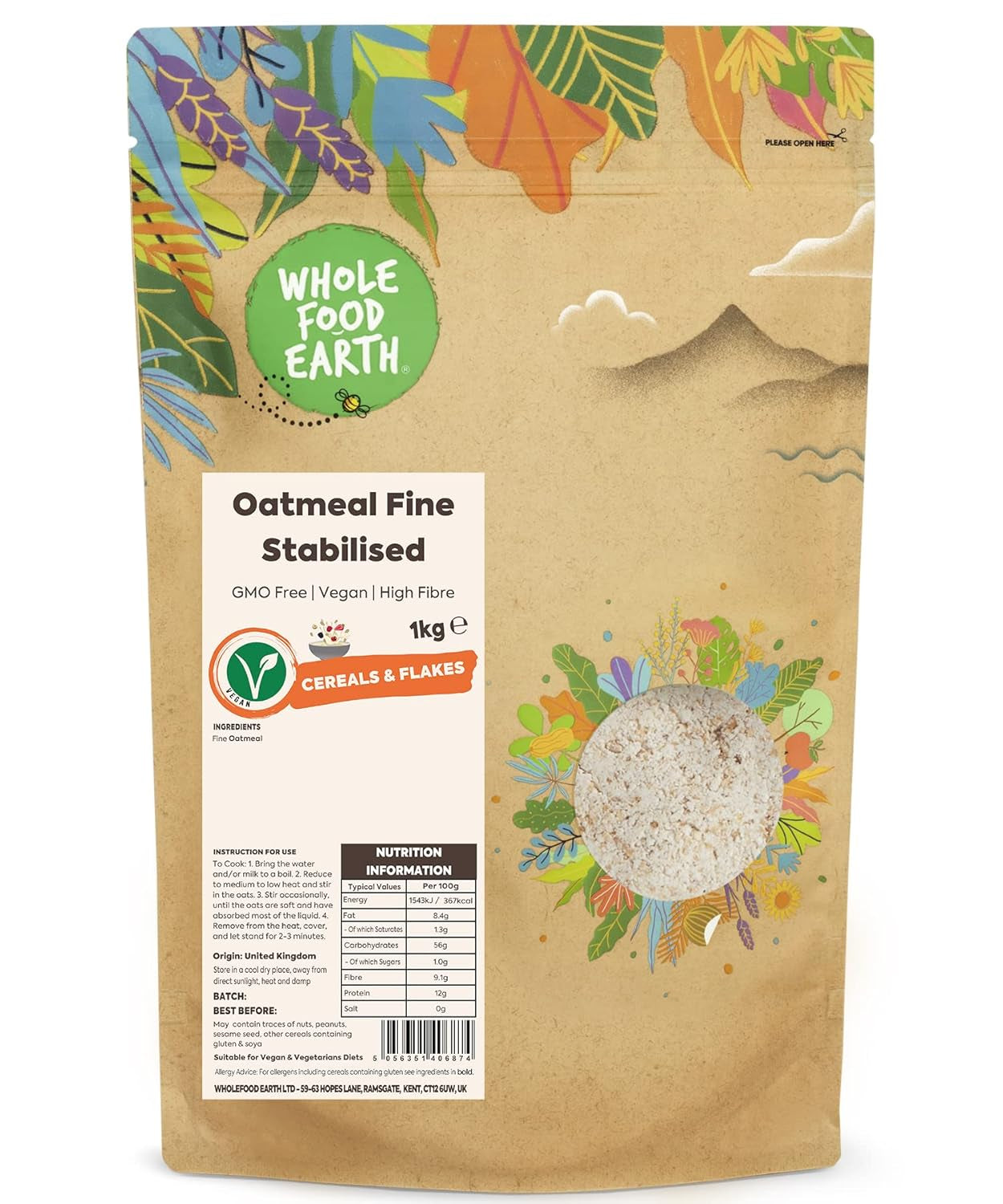 Wholefood Earth Fine Oats - bez GMO - vegan - bez mléčných výrobků - bez přidaného cukru 1 kg