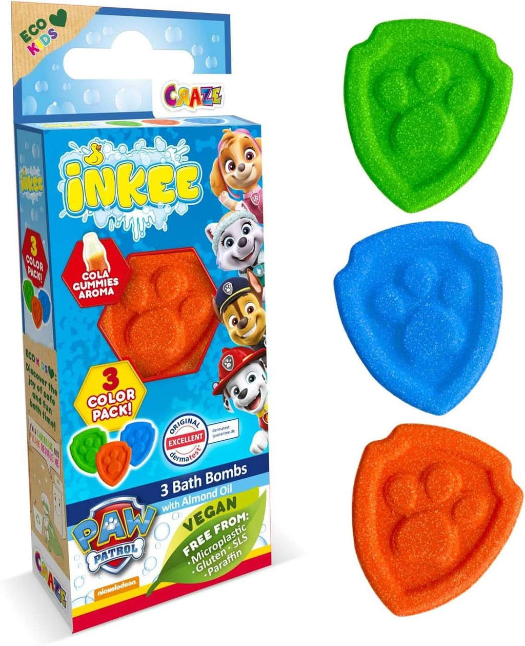 INKEE SURPRISE PAW PATROL, Bomba de baie pentru copii cu surpriză, aromă de gumă de cola, efect de spumă, 80 grame Duș și baie Naty Shop Set 3 Mingi de baie Paw Patrol