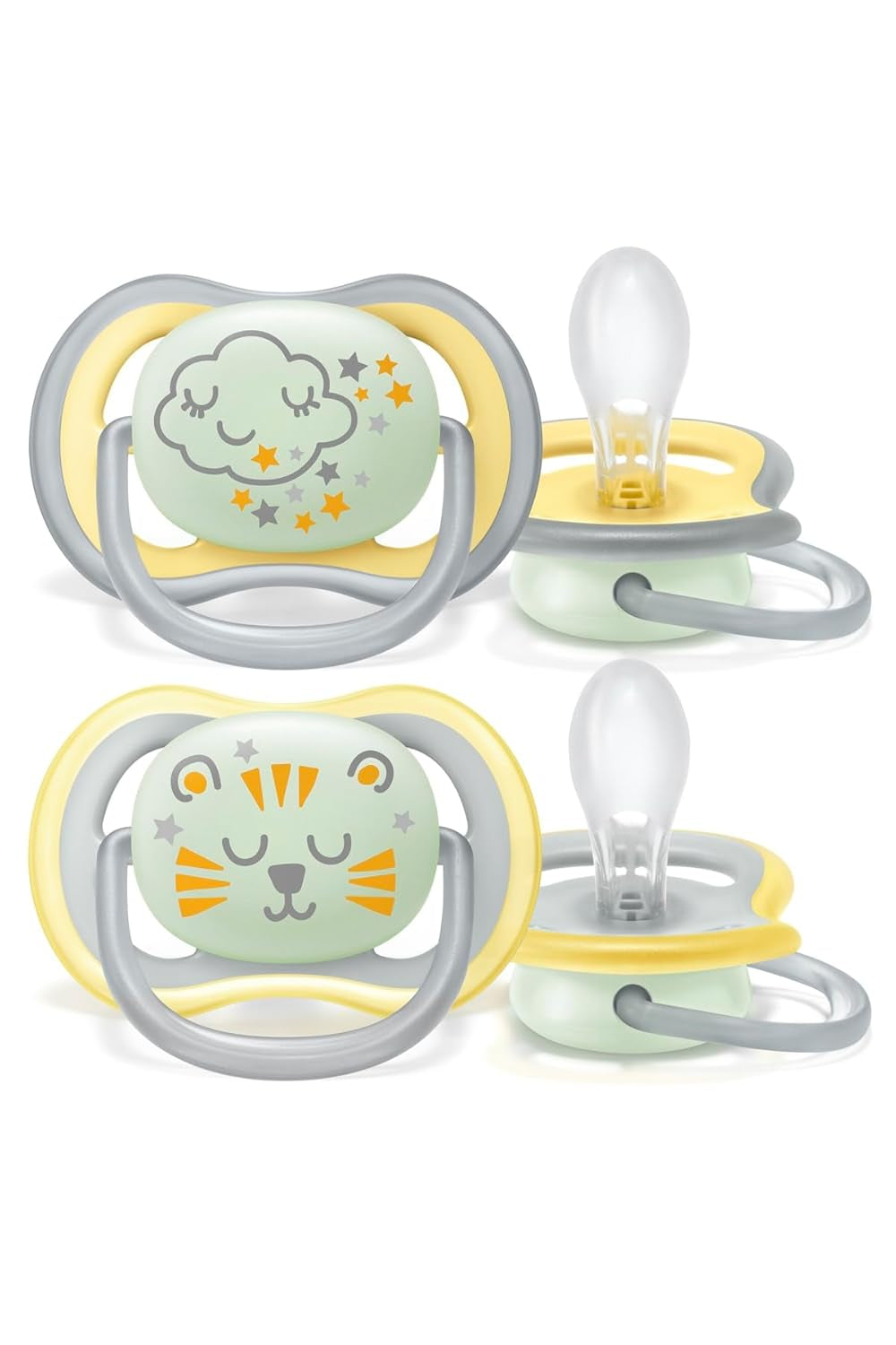 Suzetă Philips AVENT Ultra Air Nighttime pentru bebeluși peste 18 luni, strălucește în întuneric, pachet dublu, nor/tigru (model SCF376/01)