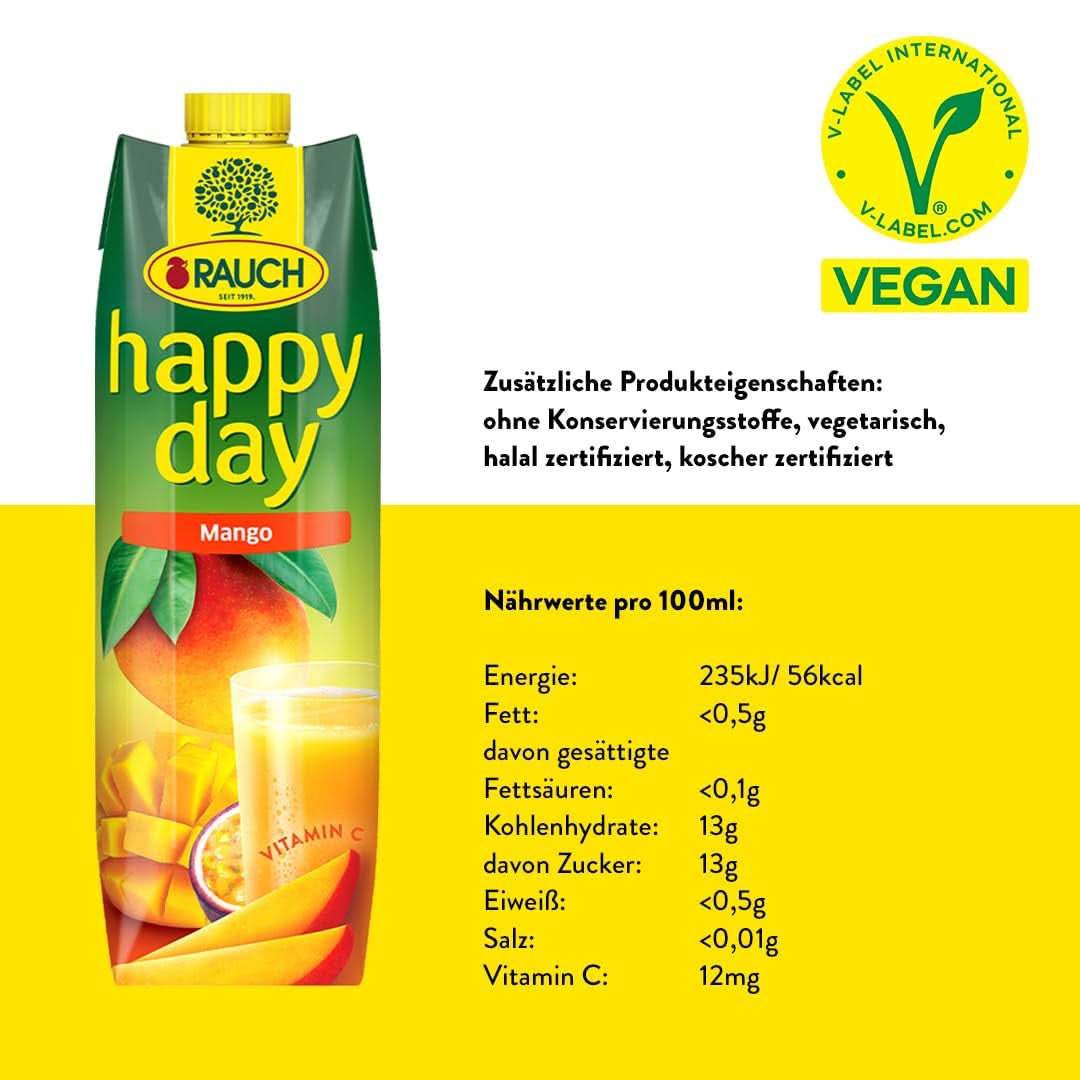 Rauch Happy Day Mango | Rafinovaný nápoj s marakujou | Hodně vitamínu C | 6 x 1 litr, Tetra Prisma Naty Shop