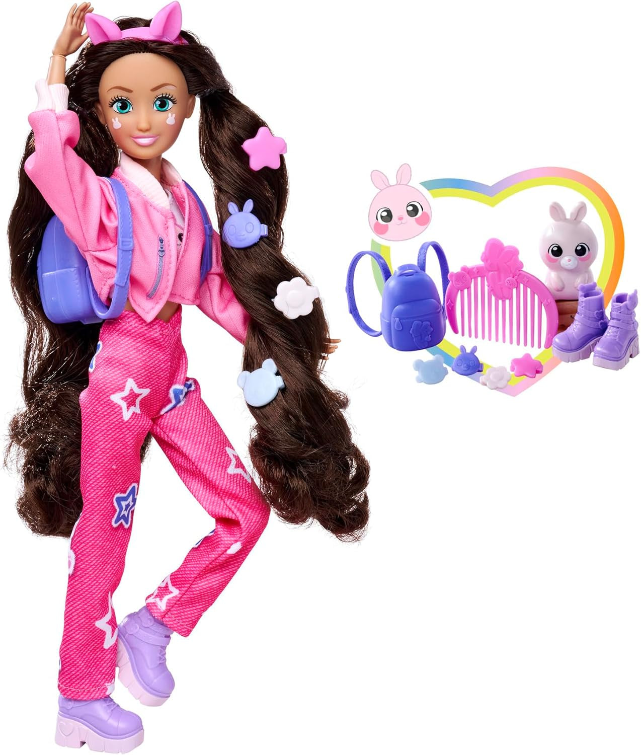 Simba 105953975 - Păpușă Kawaii Hi Dress-Up Lucy (26 cm) - Păpușă la modă articulată pentru coafat, Păpușă cu păr lung, iepure și accesorii, jucărie pentru copii de 4 ani și peste