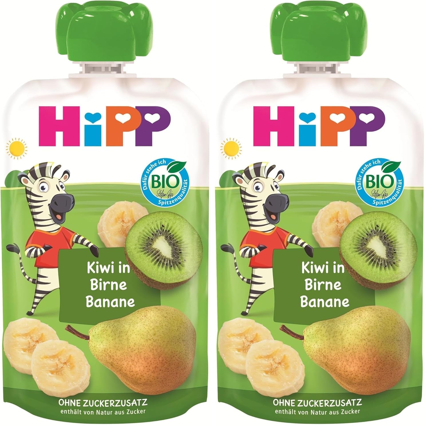 HiPP Bio Quetschie Kiwi v Birne-Banana - Charlie Zebra (8 x 100 g), ab 1 Jahr, 100% Fruchtpüree, bez Zuckerzusatz, vegan, v nejlepší Bio-Qualität (Packung mit 2)