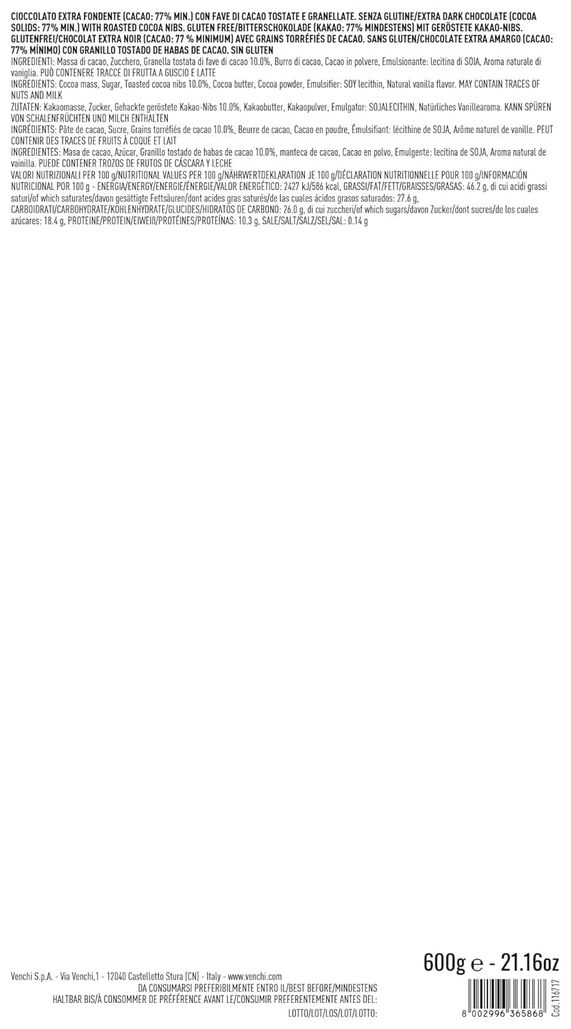 Venchi - Bar Maxi 77% Nibs, s extra hořkou čokoládou, kousky kakaových bobů, 600 g, bez lepku, bez barviv a bez konzervantů