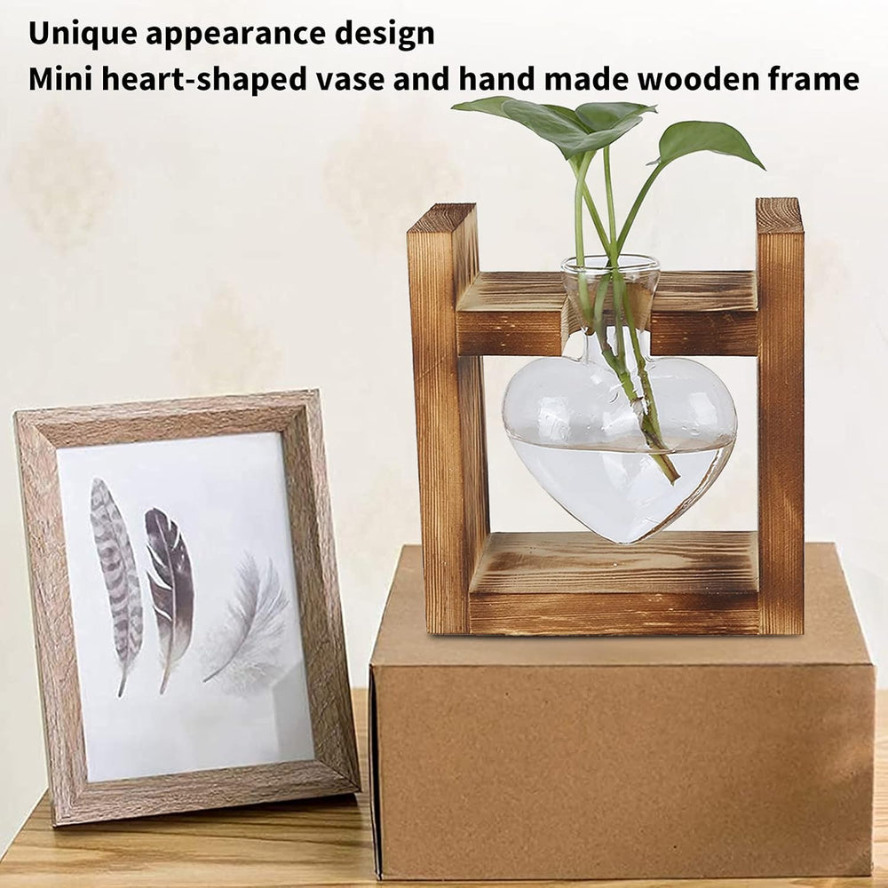 Dřevěné stojanové rostlinné terárium, stolní váza ve tvaru srdce, hydroponické rostliny z čirého skla pro domácí zahradní dekorace, hydroponické květinové dekorace pro kancelář, obývací pokoj, kuchyň (A)