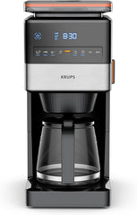 Espressor KRUPS Grind Aroma XL, râșniță conică detașabilă, panou de control digital, capacitate XL (1,5 l), funcție de menținere la cald, carafă din sticlă, negru/oțel inoxidabil, KM842810