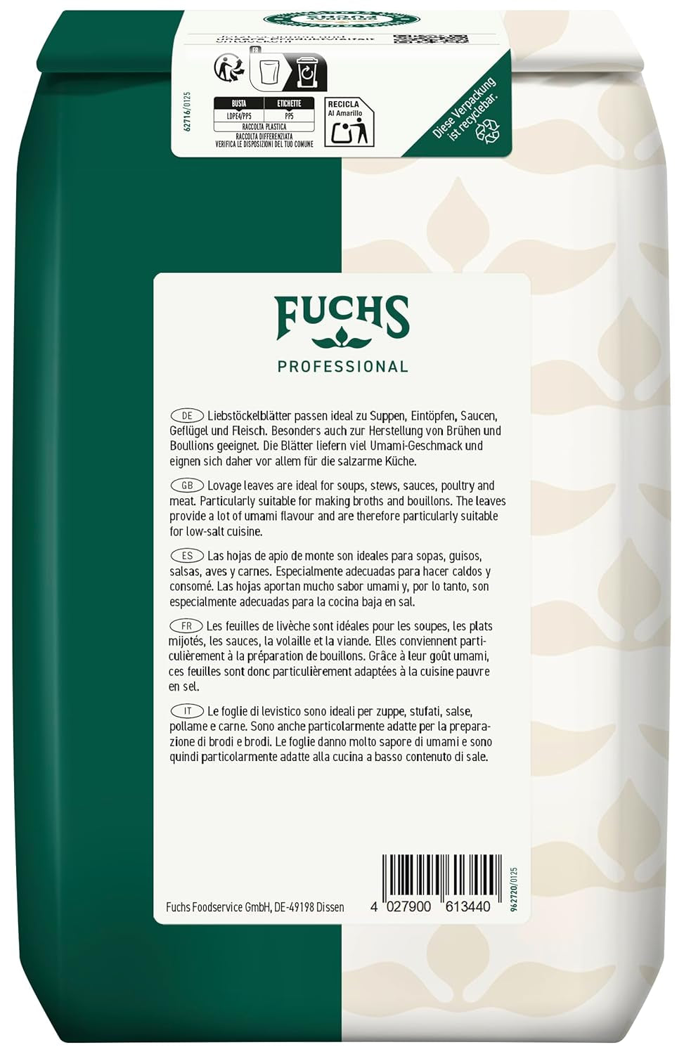 - Liebstockblätter gerebelt | Pro salzarme Küche geeignet, passt zu Eintöpfen nebo Salaten | Profi-Qualität für Großverbraucher | 0,25 kg v recyklovatelném pytli