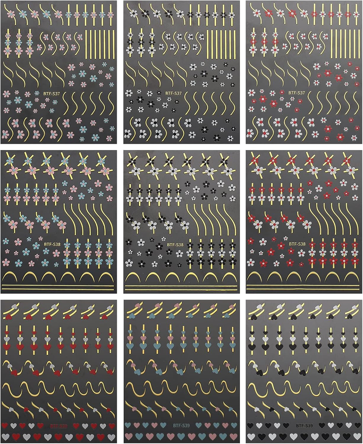 JMEOWIO Nagelsticker Herz Linien Blumen 9 Blatt Nail Art Sticker Selbstklebend Nagelaufkleber Bunte Dekoration Nageldesign Zubehör