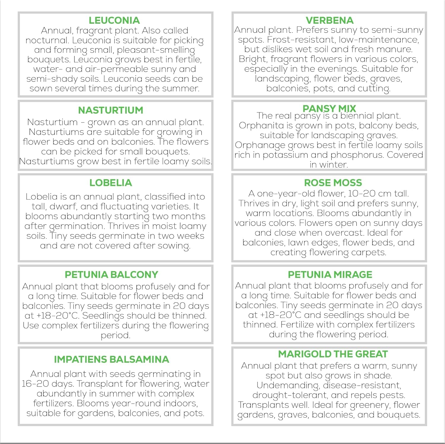 Sada květinových semínek Nojus - 10 odrůd květinových semen - Balkonová semena květin - Semena barevných rostlin - 10 balení - Semena divokých květin - Sáčky se semeny květin - Ideální dárek se semeny květin