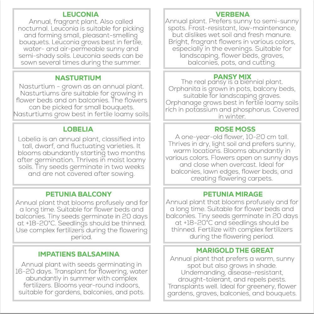 Sada květinových semínek Nojus - 10 odrůd květinových semen - Balkonová semena květin - Semena barevných rostlin - 10 balení - Semena divokých květin - Sáčky se semeny květin - Ideální dárek se semeny květin