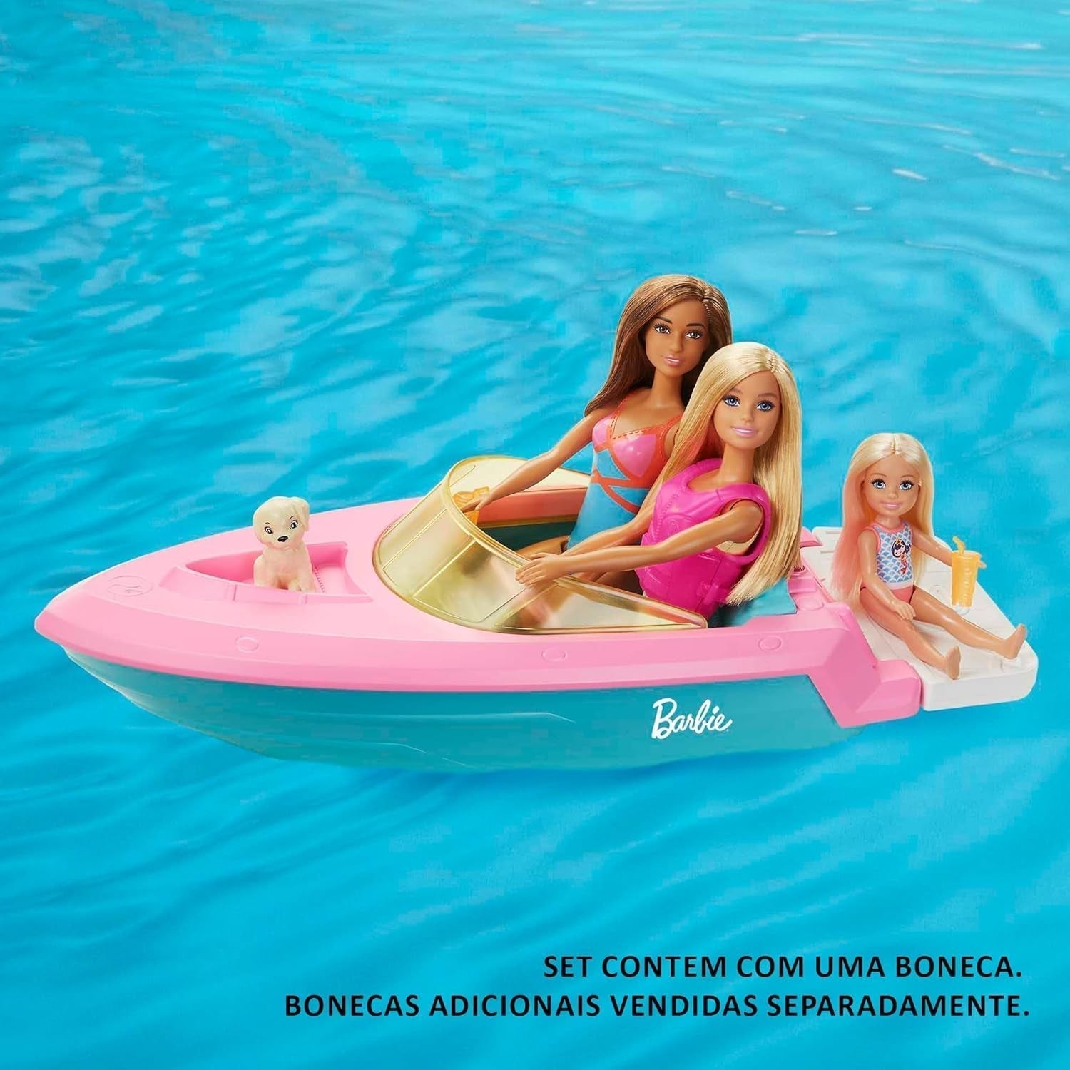 Barbie Speedboat Set, păpușă Barbie cu păr blond, vestă de salvare roz, barcă, cățel, accesorii, cadouri pentru copii cu vârsta peste 3 ani, Grg30 Papusi Naty Shop