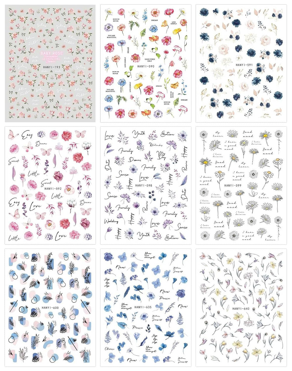 JMEOWIO Nagelsticker Blumen Frühling 9 Blatt Nail Art Sticker Selbstklebend Nagelaufkleber Buntes Sommer Blumen Dekoration Nageldesign Zubehör