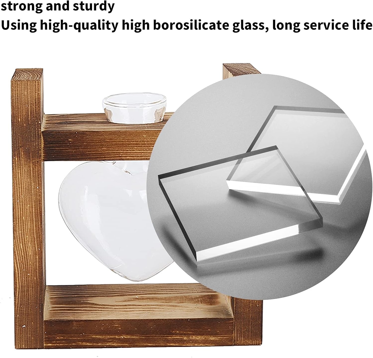 Dřevěné stojanové rostlinné terárium, stolní váza ve tvaru srdce, hydroponické rostliny z čirého skla pro domácí zahradní dekorace, hydroponické květinové dekorace pro kancelář, obývací pokoj, kuchyň (A)