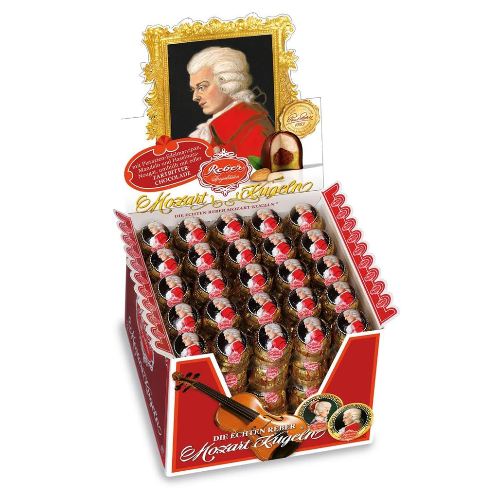 Reber Mozart, sfere din ciocolată neagră, umplute cu marțipan, fistic, migdale și nuga de alune Naty Shop