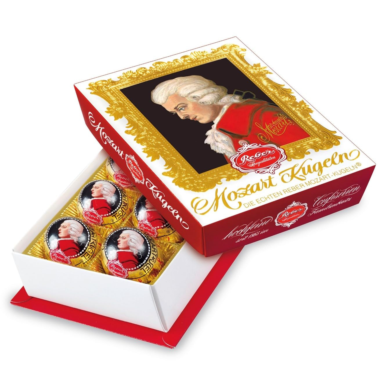 Reber Mozart kuličky s hořkou čokoládou, balení 6 ks s marcipánem a nugátem, veganské - 1 x 120 g