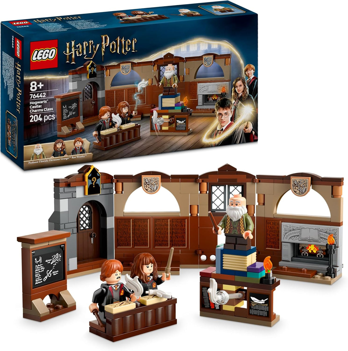 LEGO Harry Potter Schloss Hogwarts: Zauberkunstunterricht, sada se 3 minifigurkami, vč. Hermiona Granger & Ron Weasley, Wingardium Leviosa Funktion, Spielzeug für Mädchen & Jungen ab 8 Jahren 76442