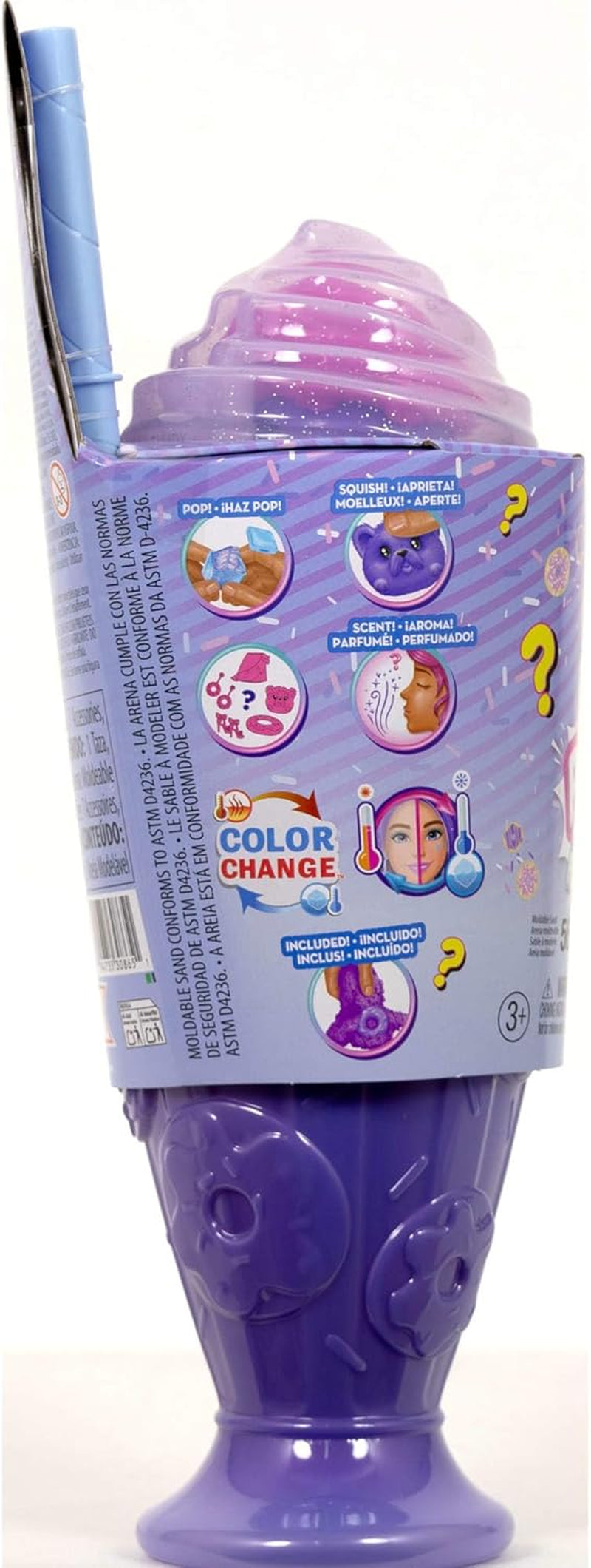 Set Barbie Pop Reveal Series cu păpușă la modă și accesorii, serie de dulciuri, design Donut Dreams cu animal de companie, 8 surprize, inclusiv schimbarea culorii, JFY60