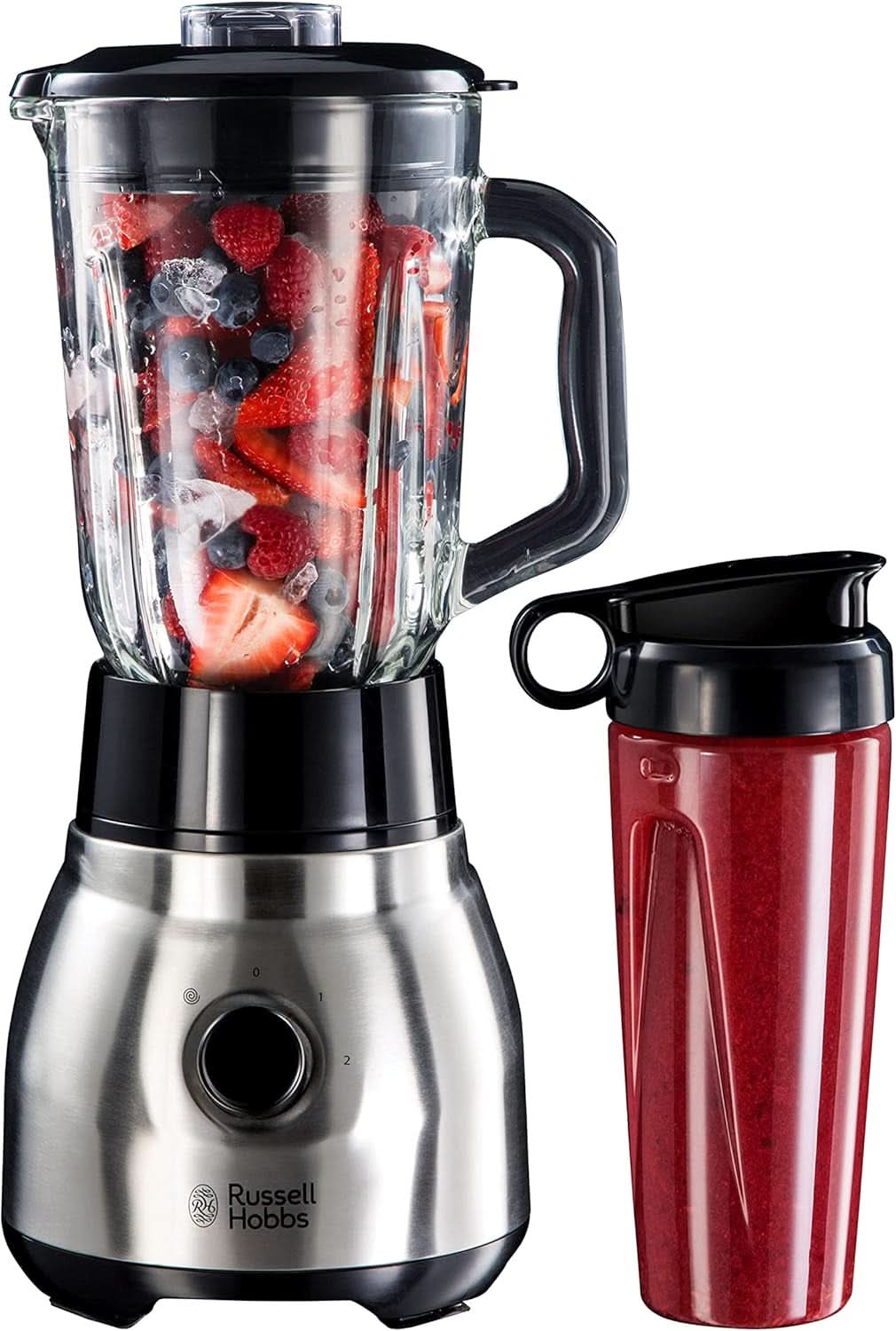 Russell Hobbs Standmixer 2-v-1 [1,5L Glasbehälter Mixer & 0,6L Mini Smoothie Maker -To-Go-Trinkflasche Inkl. Deckel] Spülmaschinenfest, Impuls-/Ice-Crush Funktion, Becher BPA Frei, Edelstahl 23821-56 Kitchen Naty Shop