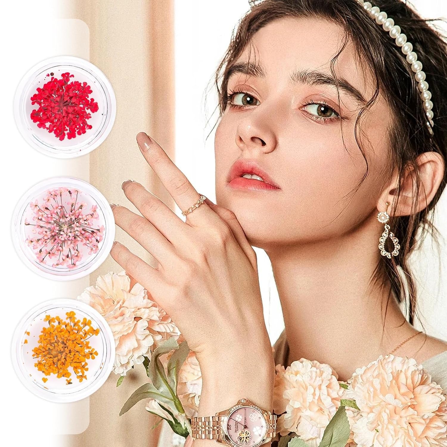 Nail Art Flowers Set Decoration - Gelnägel Zubehör 3 Farben(Orange,Blassrosa,Rose),Nail Art Aufkleber Trockene Blumen Kit Getrocknete Blumen Zubehör Set DIY Nageldekoration