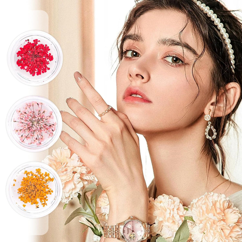 Nail Art Flowers Set Decoration - Gelnägel Zubehör 3 Farben(Orange,Blassrosa,Rose),Nail Art Aufkleber Trockene Blumen Kit Getrocknete Blumen Zubehör Set DIY Nageldekoration