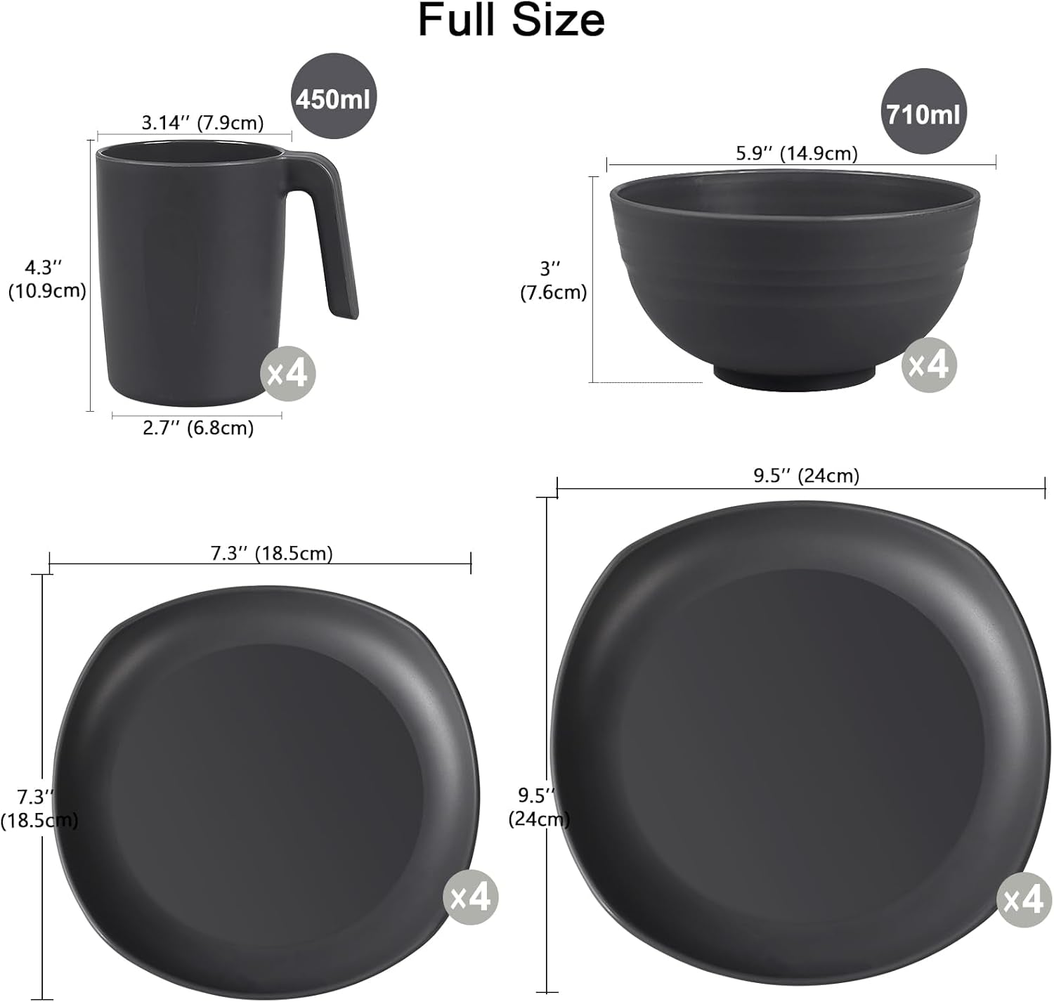 Set de veselă din PP | Set de veselă ușor și indestructibil, format din 16 piese, pentru copii și adulți, set combinat de masă cu 4 farfurii, 4 farfurii de desert, 4 boluri, 4 cești pentru 4 persoane