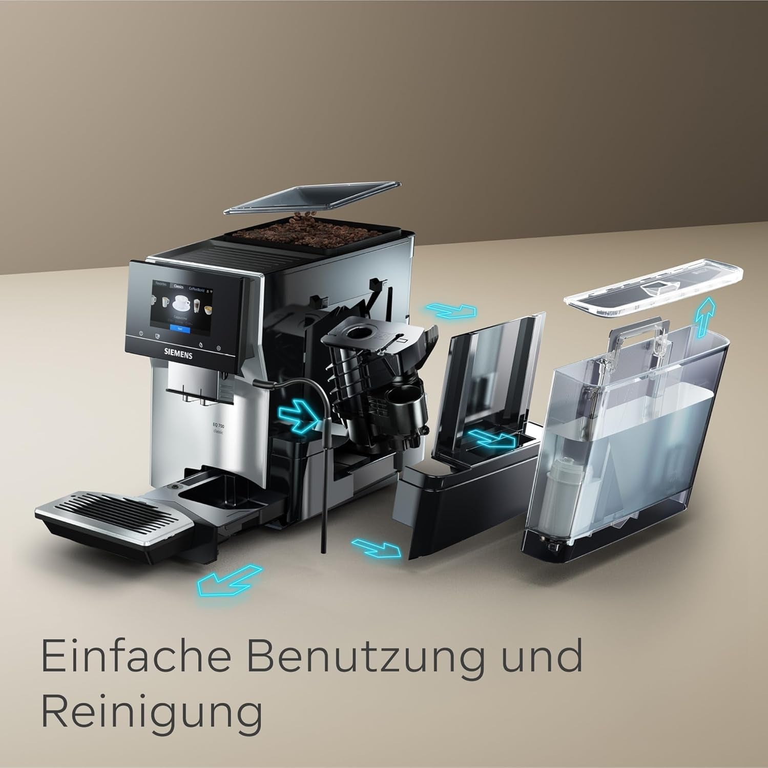 Espressor automat Siemens EQ700 classic TP715D01, control prin aplicație, preparare la rece, afișaj tactil intuitiv, până la 10 creații individuale de cafea ca favorite, curățare automată cu abur, 1500 W, gri-argintiu