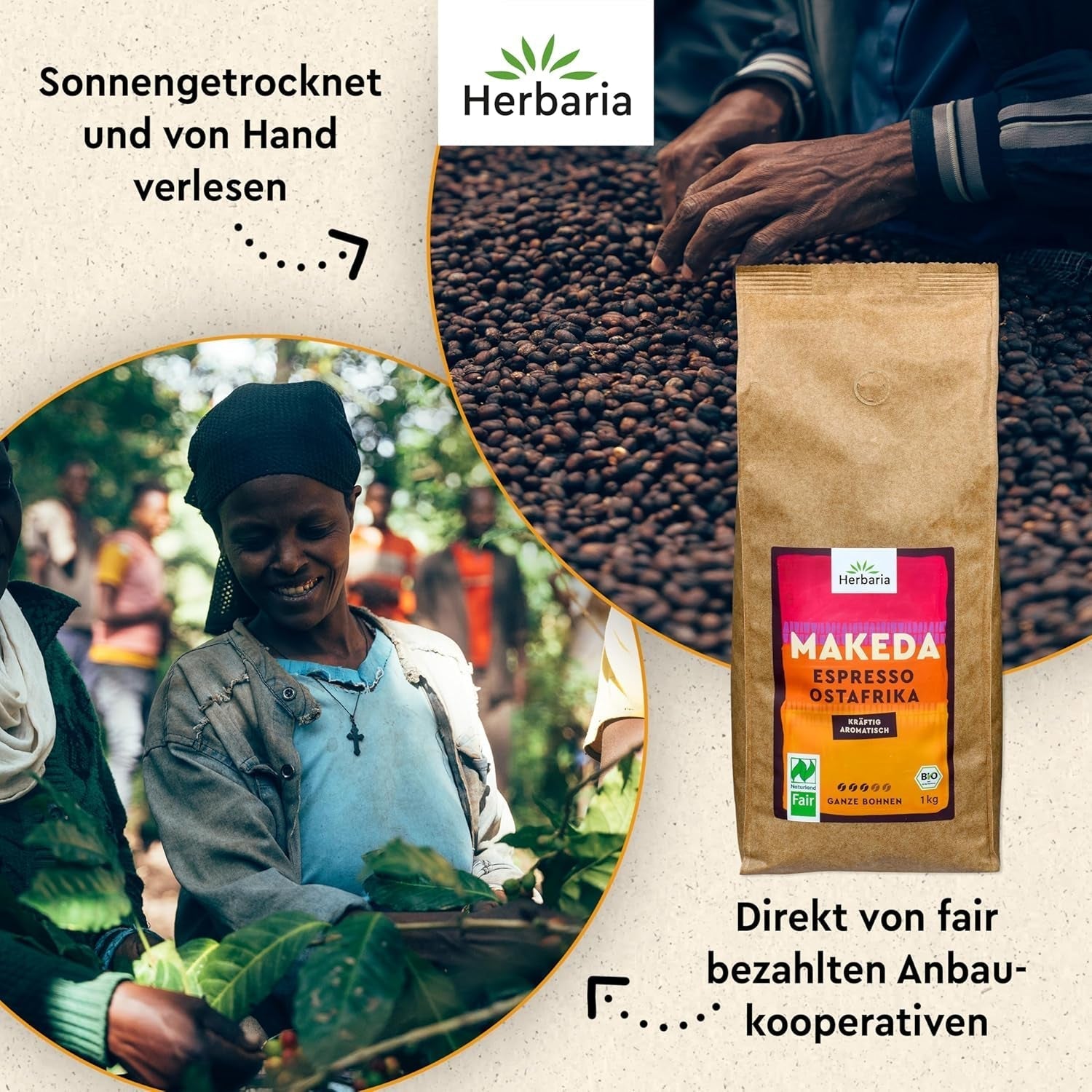 Herbaria MAKEDA Organic Espresso Whole Beans 1Kg - Naturland Fair Certified din Africa de Est - Arome prăjite cu cacao și note de lemn de stejar - boabe de cafea organice perfecte pentru filtre portabile și mașini automate de cafea Cafea Naty Shop