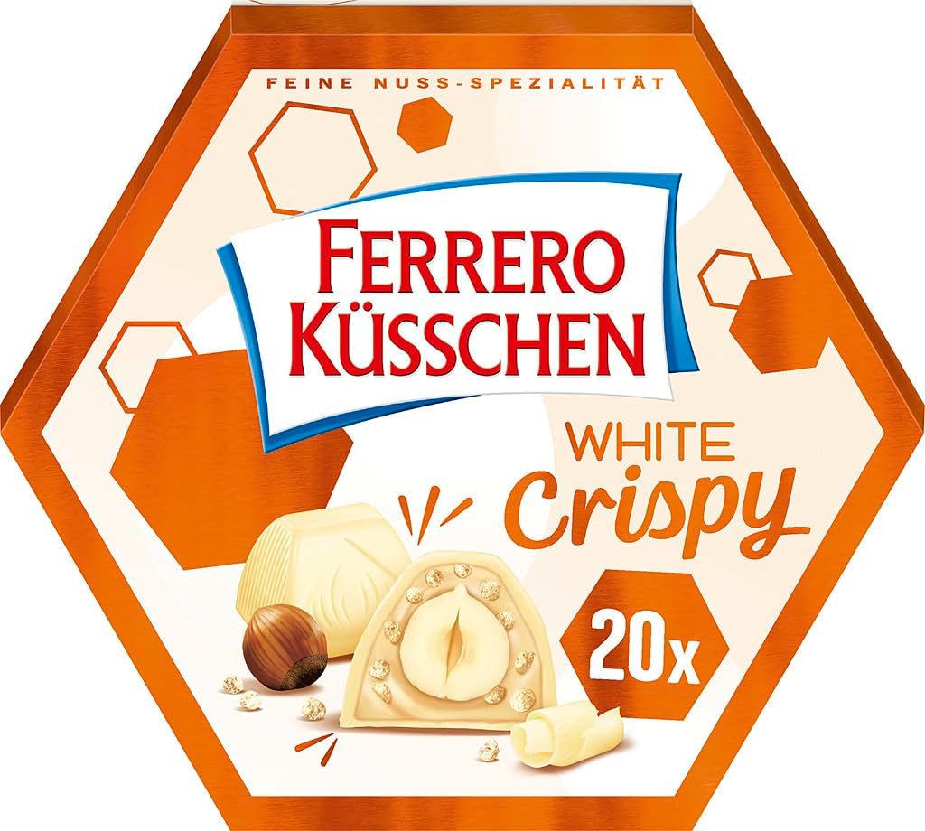 Ferrero Küsschen White Crispy - Valentýnský dárek pro něj a pro ni - Křupavé pražené lískové oříšky ve světlém krému s křupavými lupínky, pokryté bílou čokoládou, 1 balení 20 kusů jednotlivých pralinek
