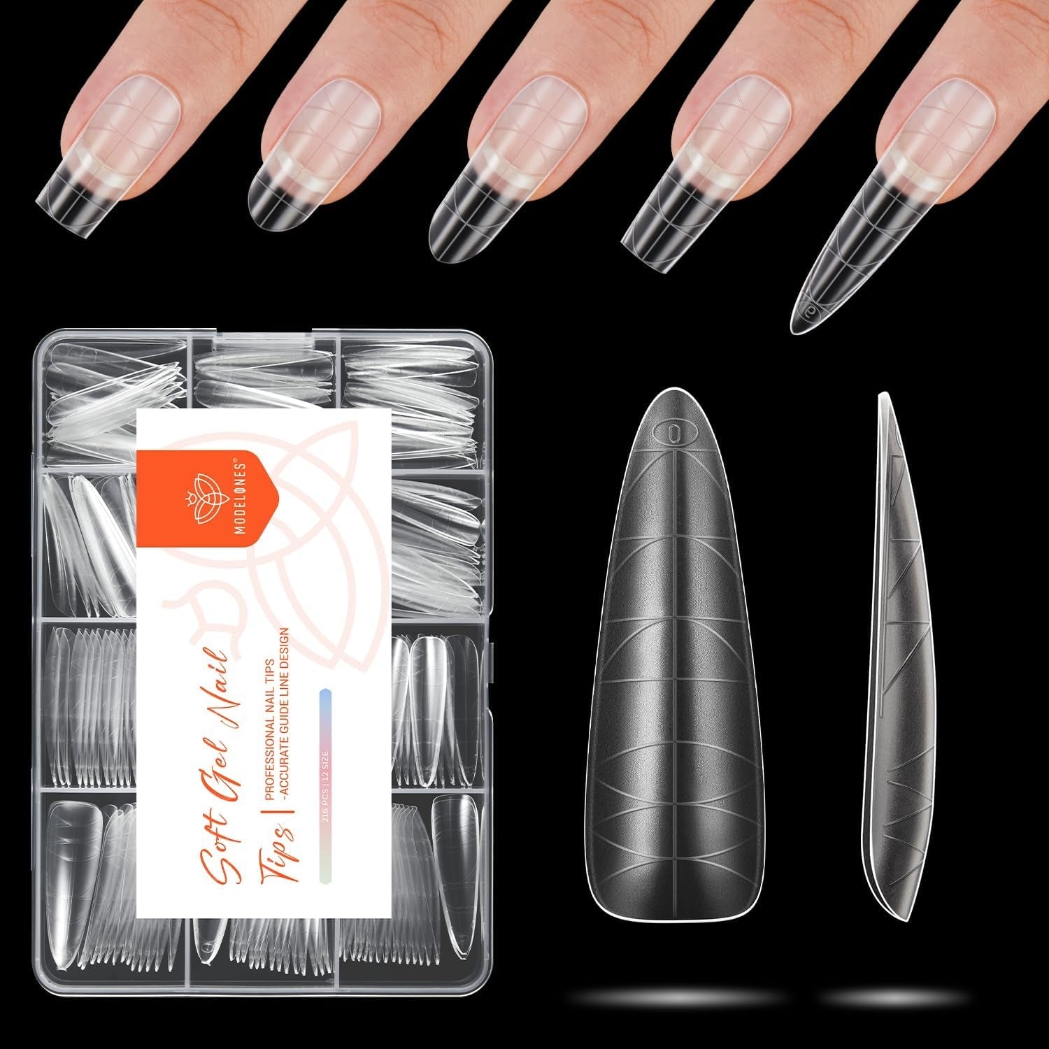 Modelones Tips Unghii 216 Piese - Set Tips Unghii Acoperire Completă, Set Tips Gel Moale, Tips Unghii Rășină PMMA Pre-Lustruire, Unghii Artificiale pentru Lipire pe Nail Art DIY, Migdale Scurte XS