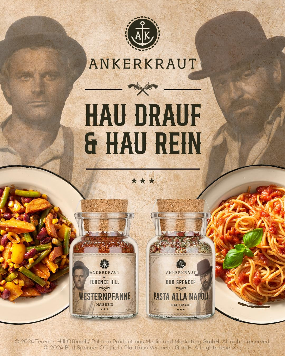 Ankerkraut Bud Spencer & Terence Hill Bagaluten Gewürz-Box, mit western pfanne and Pasta alla Napoli, Geschenk-Set, lecker kochen, 195 g Gewürze Inhalt